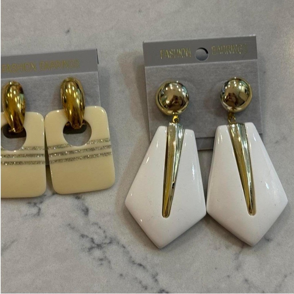 Bundle of 2 White Acrylic Geometric Statement Earrings Gold Tone Lightweight